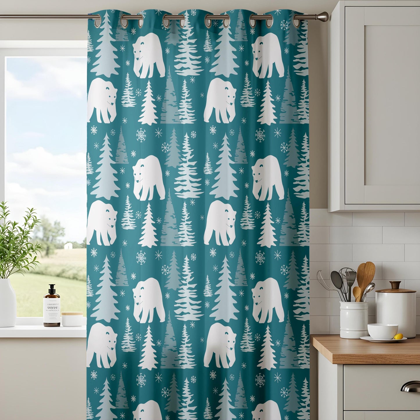 Onay Teal Polar Bear Curtains – Winter Forest Nursery Drapes