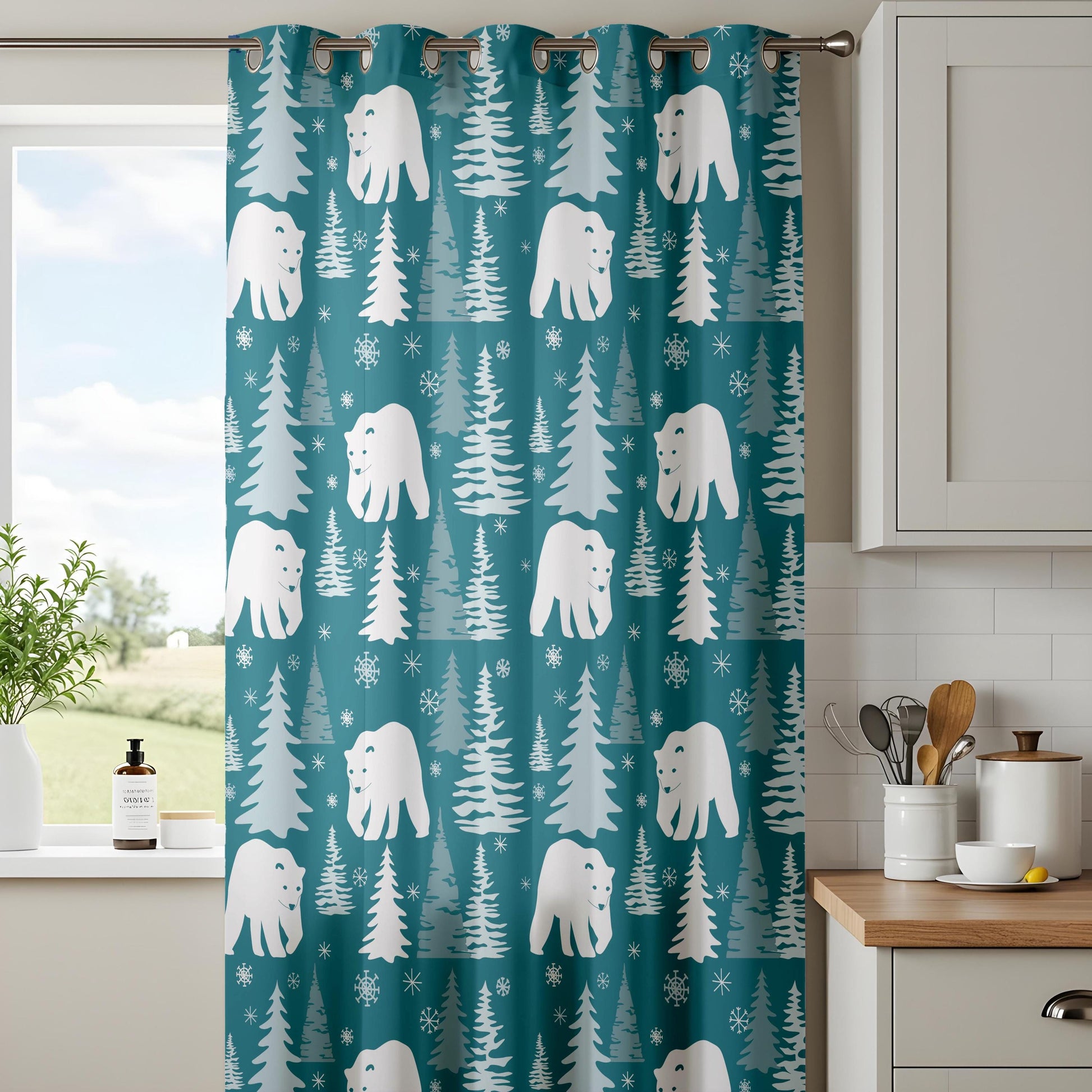 Onay Teal Polar Bear Curtains – Winter Forest Nursery Drapes
