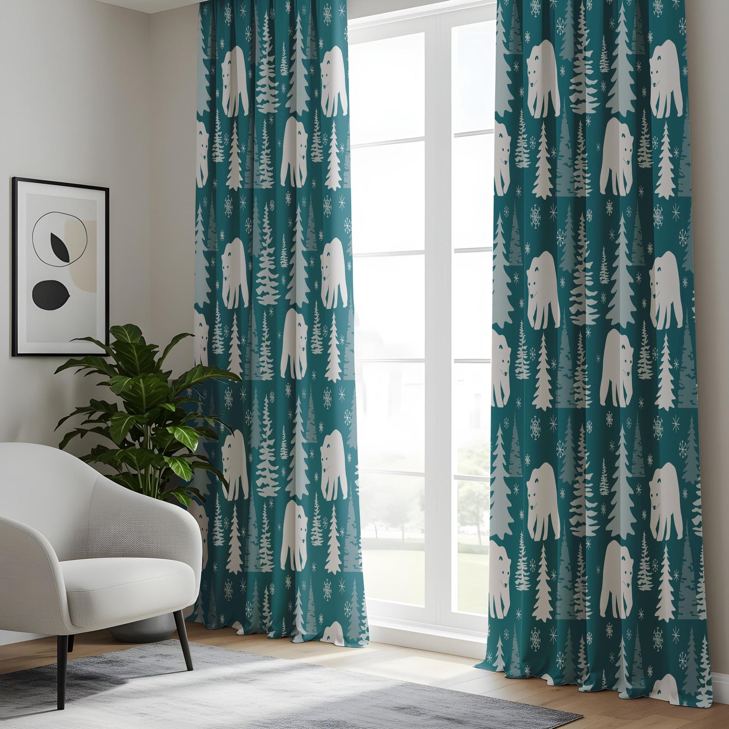 Onay Teal Polar Bear Curtains – Winter Forest Nursery Drapes