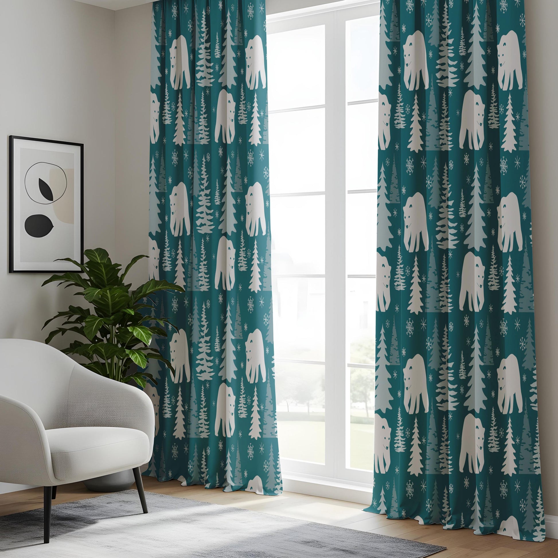 Onay Teal Polar Bear Curtains – Winter Forest Nursery Drapes