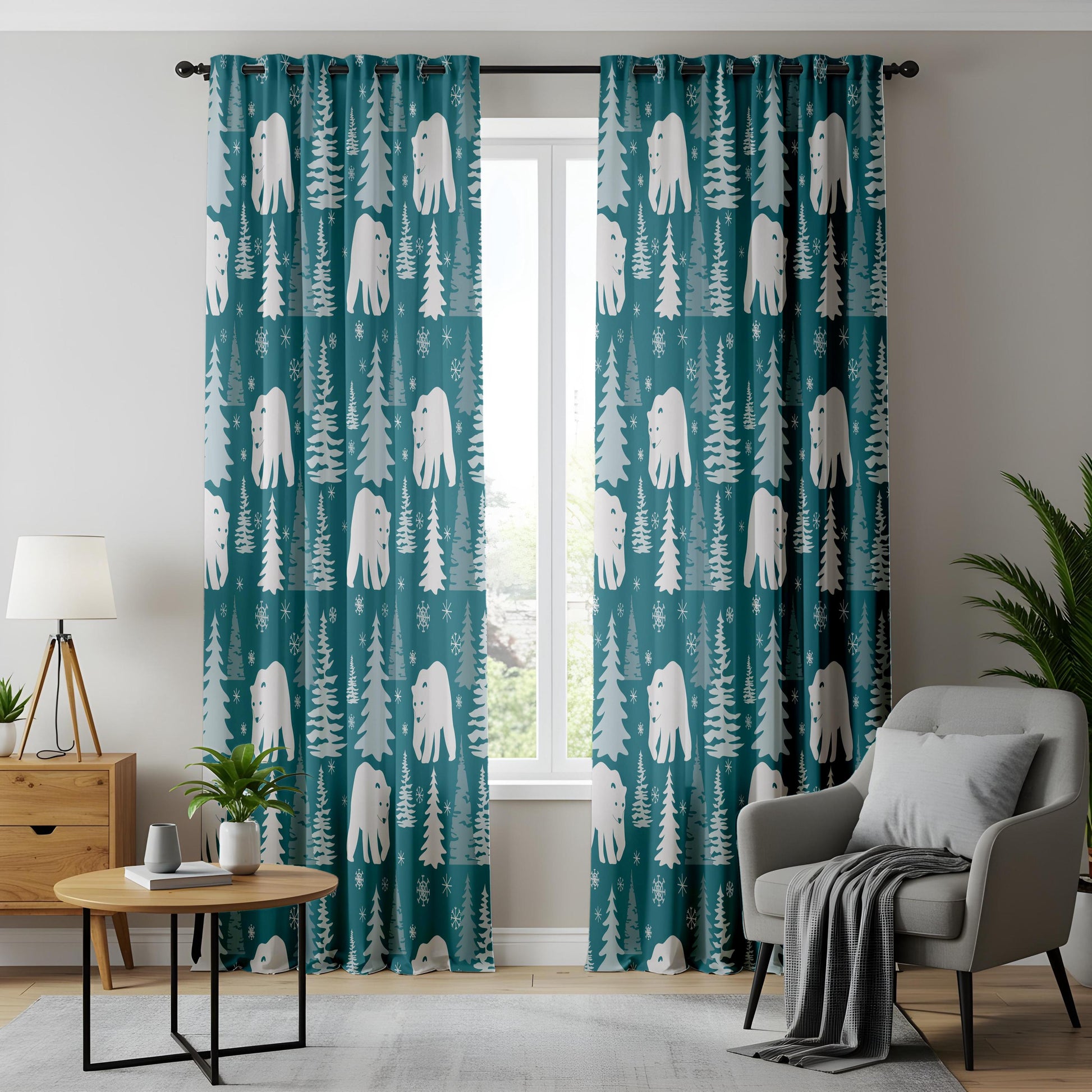 Onay Teal Polar Bear Curtains – Winter Forest Nursery Drapes
