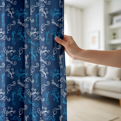 Onay Navy Blue Filigree Curtains – Elegant White Scroll Swirl Drapes