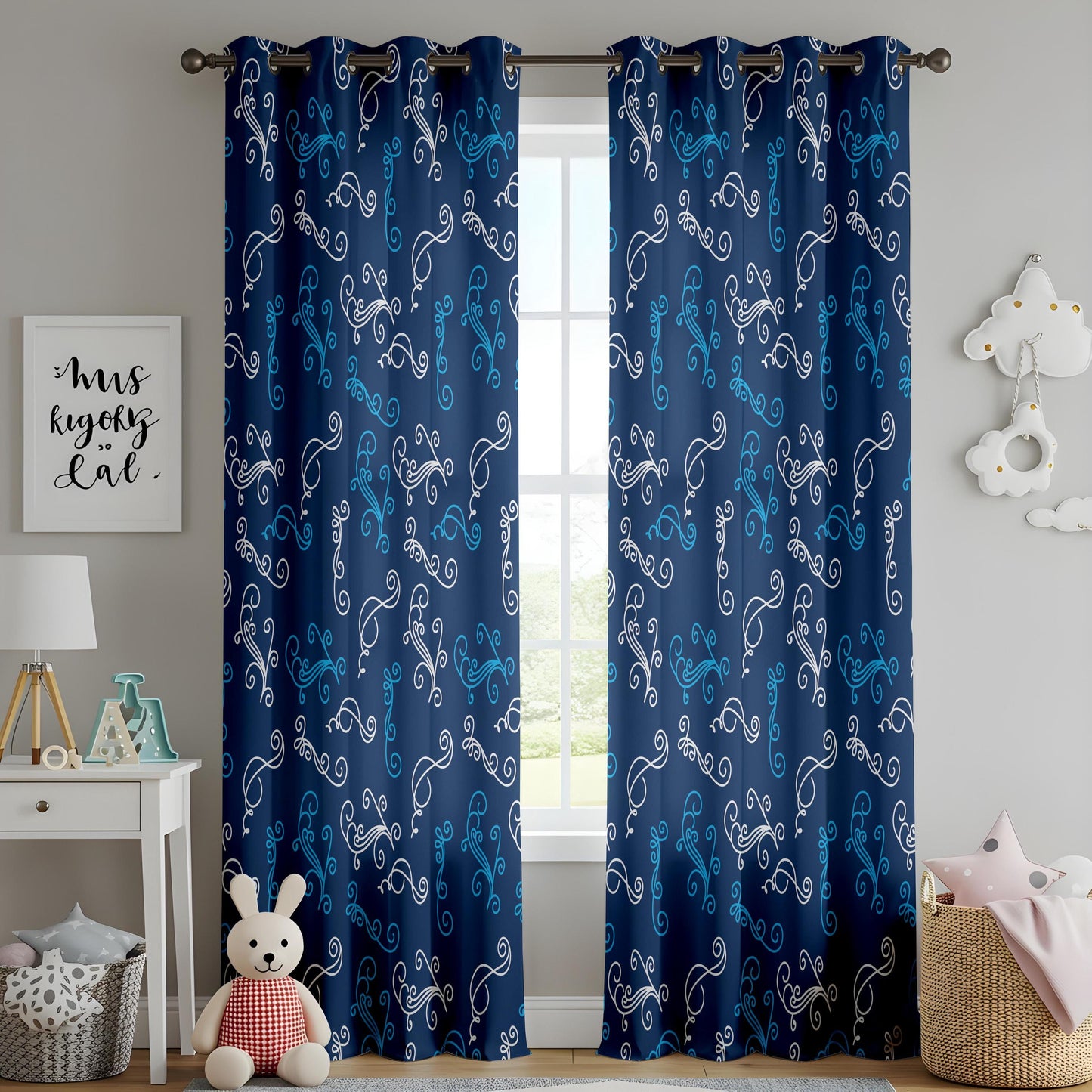 Onay Navy Blue Filigree Curtains – Elegant White Scroll Swirl Drapes