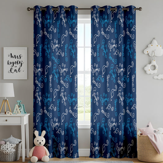 Onay Navy Blue Filigree Curtains – Elegant White Scroll Swirl Drapes
