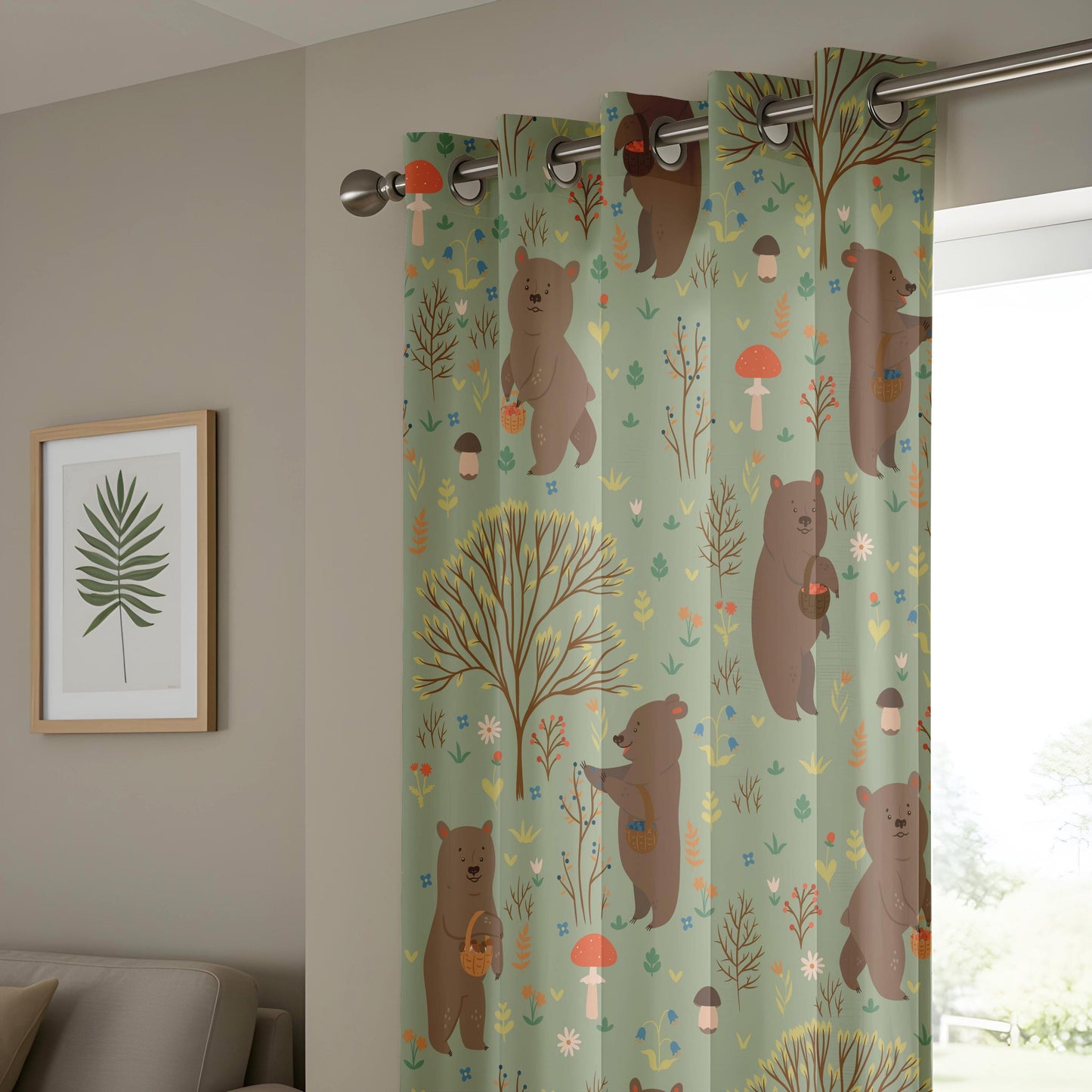 Onay Sage Green Woodland Bear Curtains – Mushroom Nursery Drapes