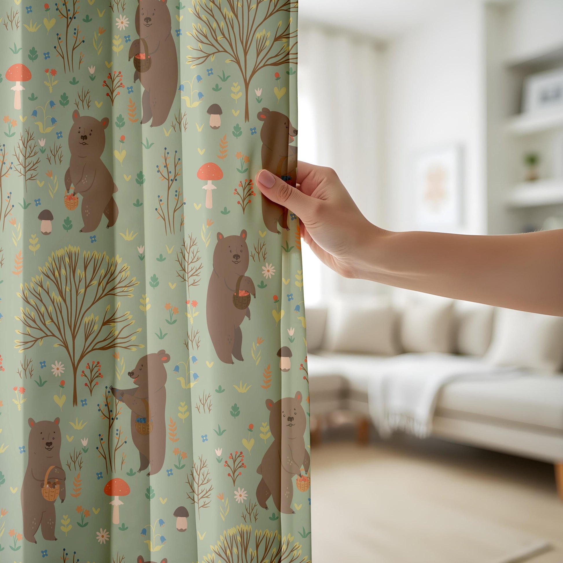 Onay Sage Green Woodland Bear Curtains – Mushroom Nursery Drapes
