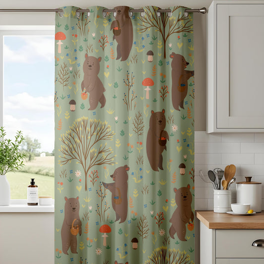 Onay Sage Green Woodland Bear Curtains – Mushroom Nursery Drapes