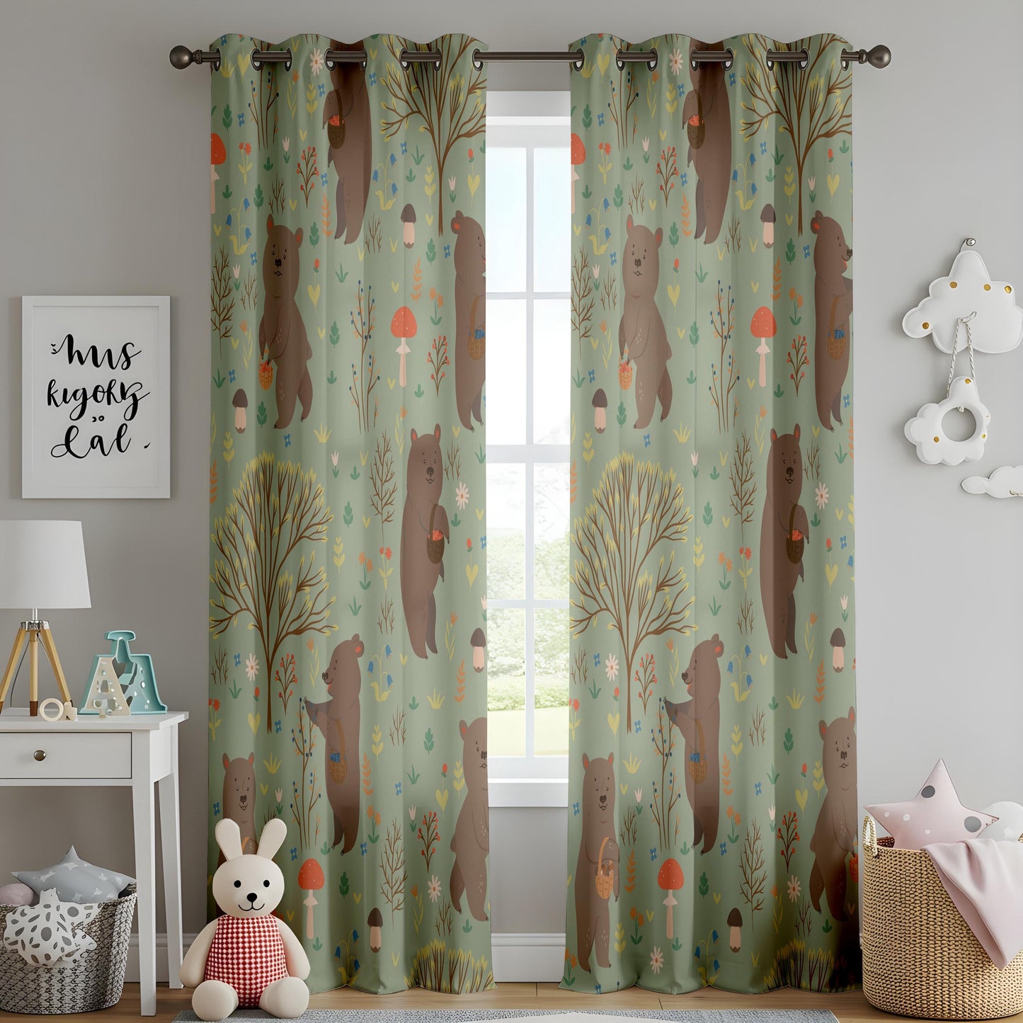 Onay Sage Green Woodland Bear Curtains – Mushroom Nursery Drapes