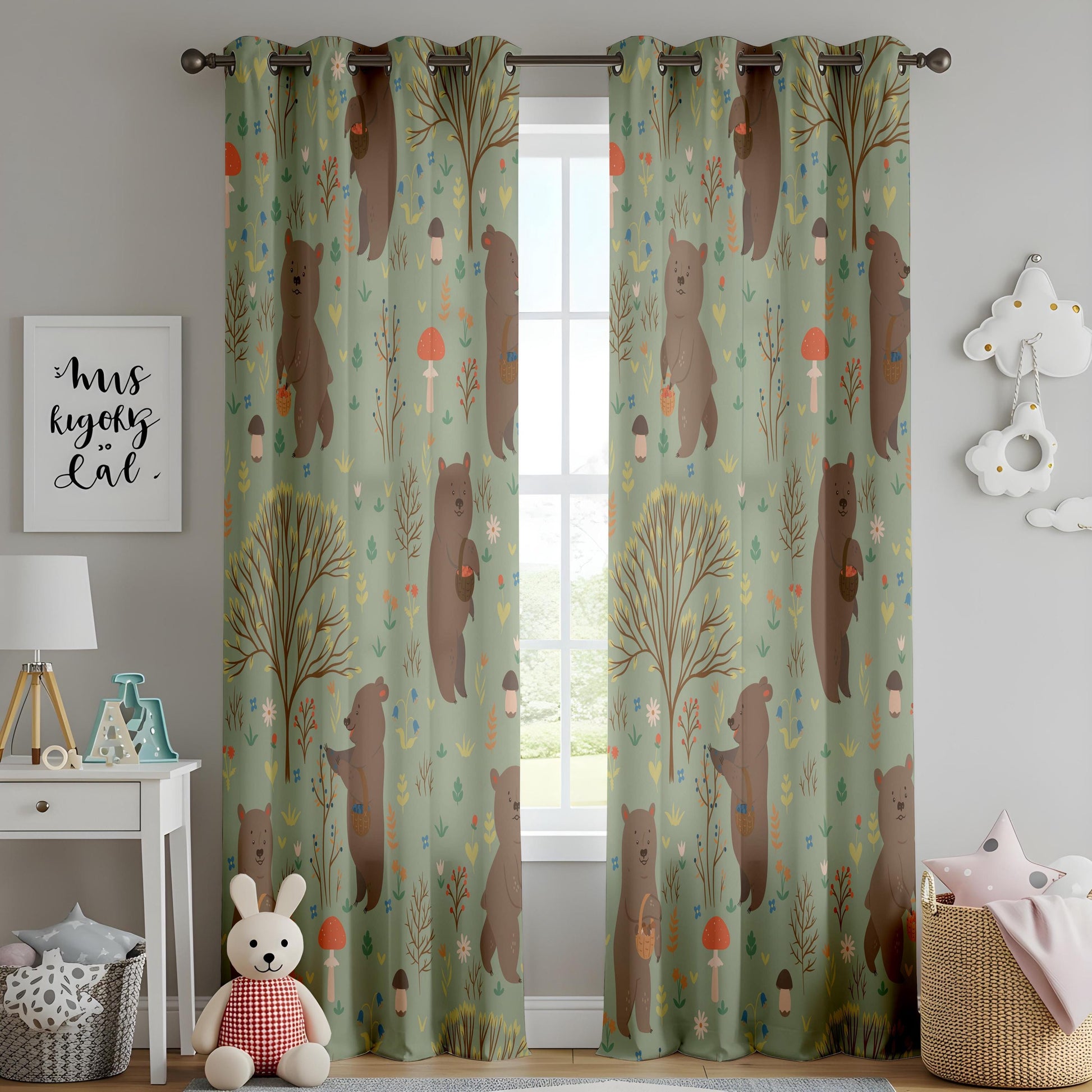 Onay Sage Green Woodland Bear Curtains – Mushroom Nursery Drapes