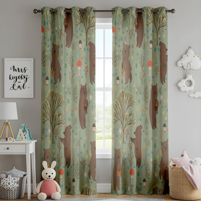 Onay Sage Green Woodland Bear Curtains – Mushroom Nursery Drapes