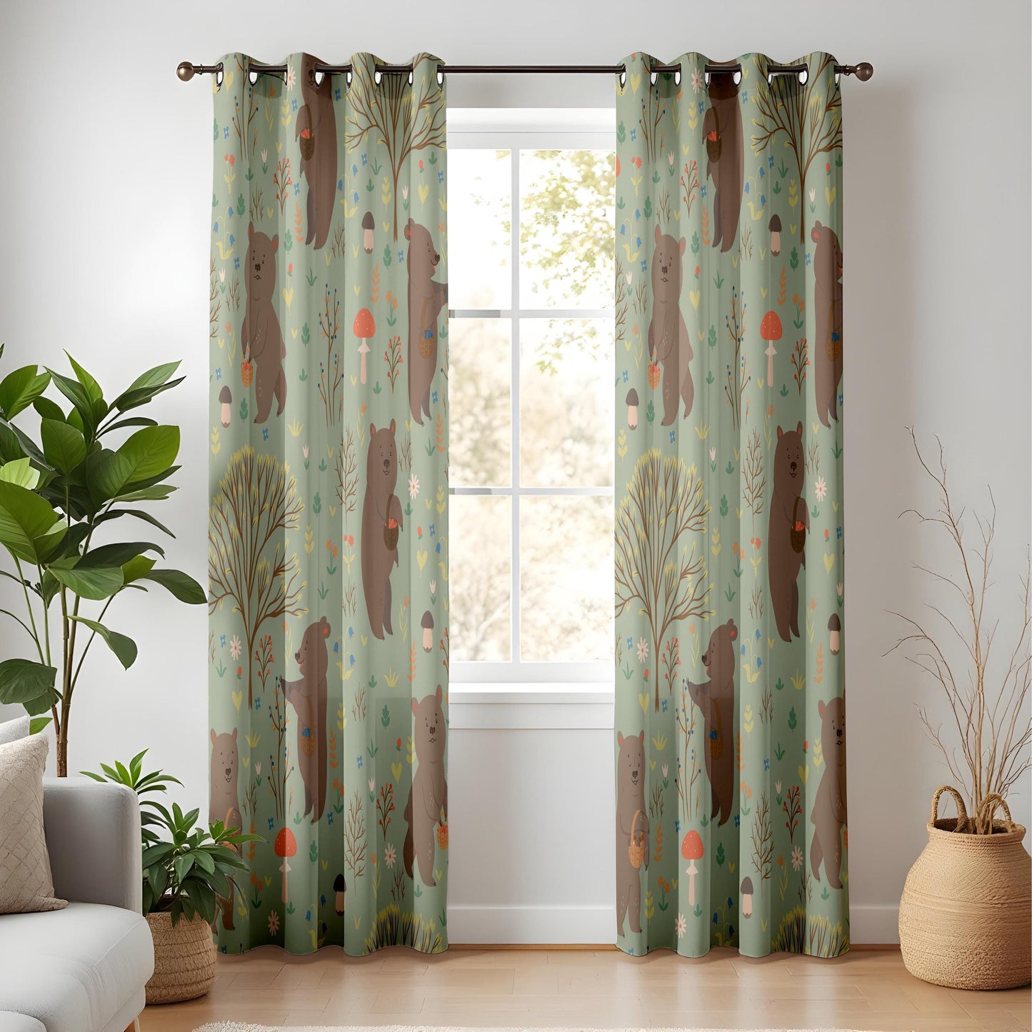 Onay Sage Green Woodland Bear Curtains – Mushroom Nursery Drapes