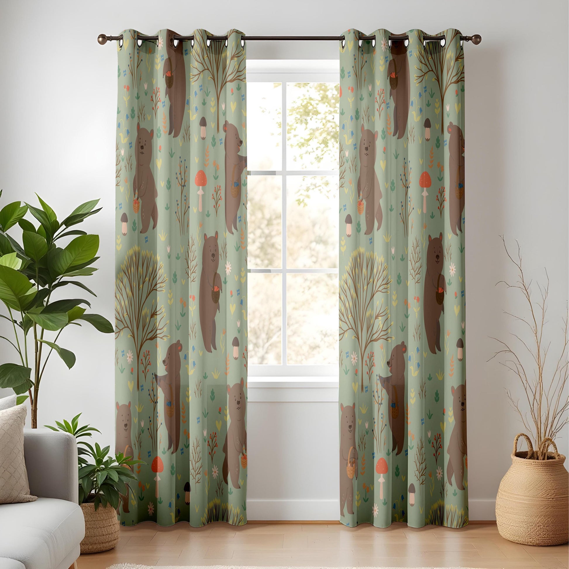 Onay Sage Green Woodland Bear Curtains – Mushroom Nursery Drapes