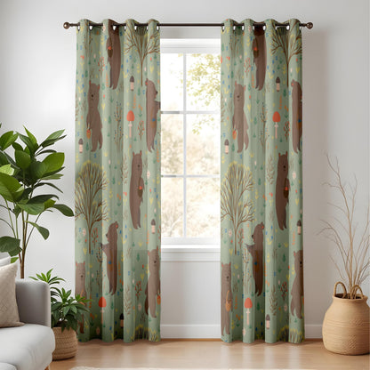 Onay Sage Green Woodland Bear Curtains – Mushroom Nursery Drapes