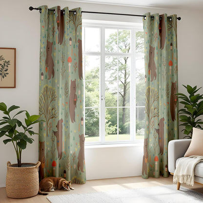 Onay Sage Green Woodland Bear Curtains – Mushroom Nursery Drapes