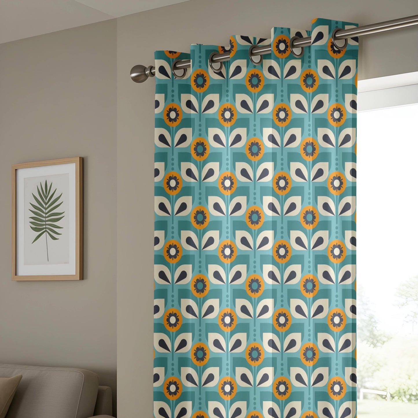 Onay Teal Blue Retro Floral Curtains – Mid Century Geometric Scandi Drapes
