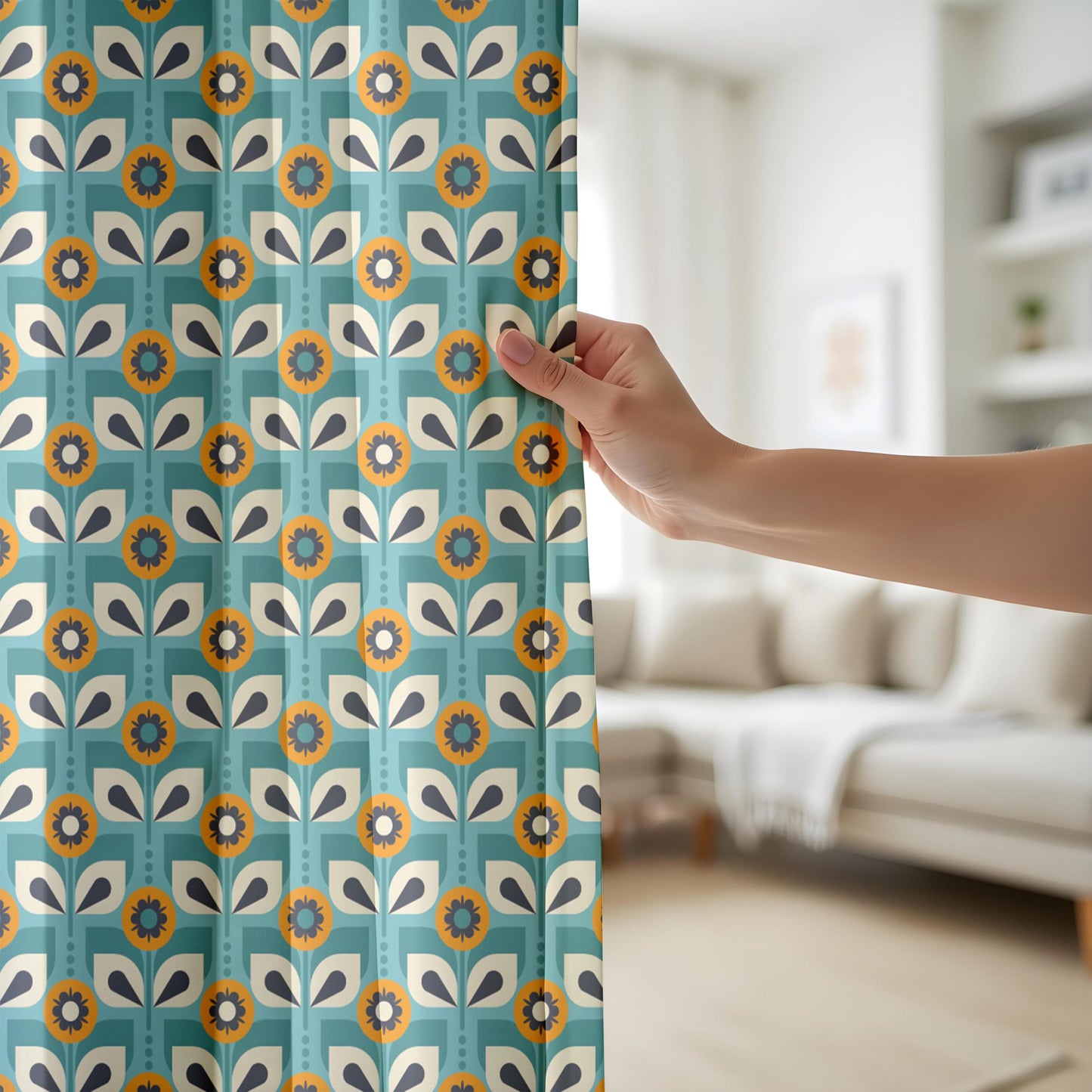 Onay Teal Blue Retro Floral Curtains – Mid Century Geometric Scandi Drapes