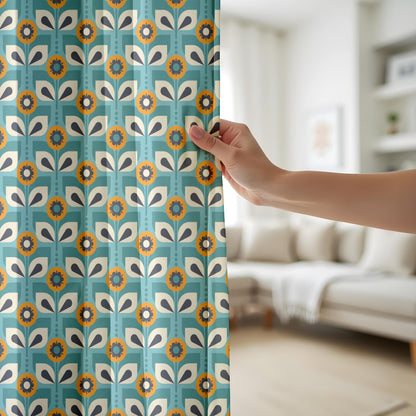 Onay Teal Blue Retro Floral Curtains – Mid Century Geometric Scandi Drapes