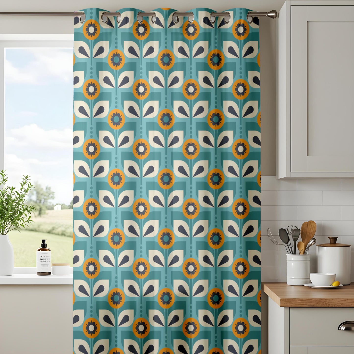 Onay Teal Blue Retro Floral Curtains – Mid Century Geometric Scandi Drapes