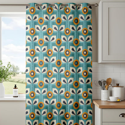 Onay Teal Blue Retro Floral Curtains – Mid Century Geometric Scandi Drapes