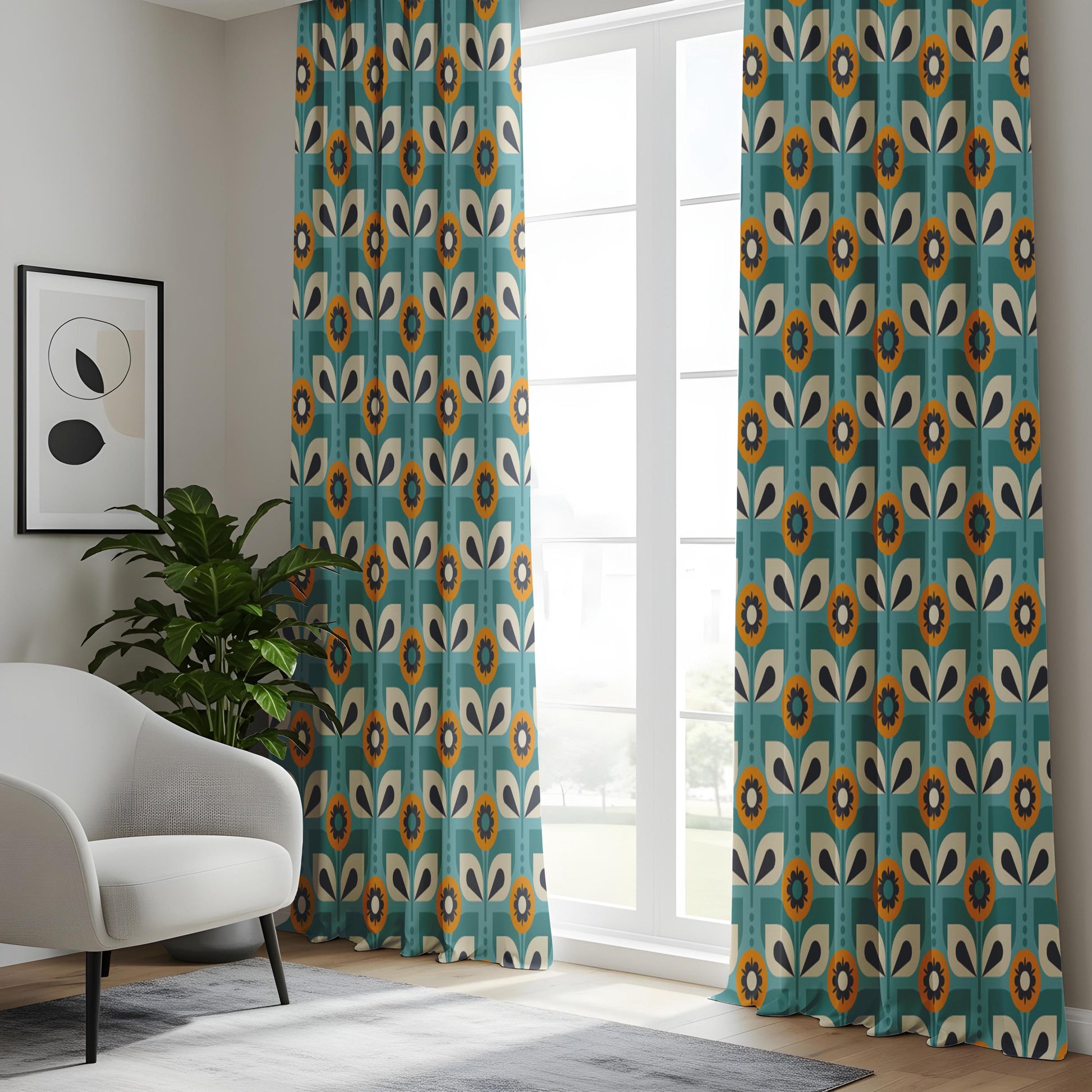 Onay Teal Blue Retro Floral Curtains – Mid Century Geometric Scandi Drapes