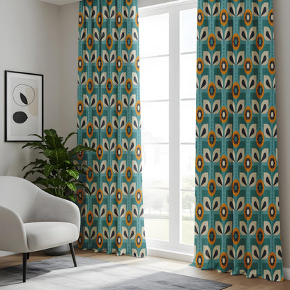 Onay Teal Blue Retro Floral Curtains – Mid Century Geometric Scandi Drapes