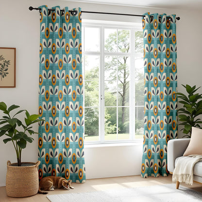 Onay Teal Blue Retro Floral Curtains – Mid Century Geometric Scandi Drapes