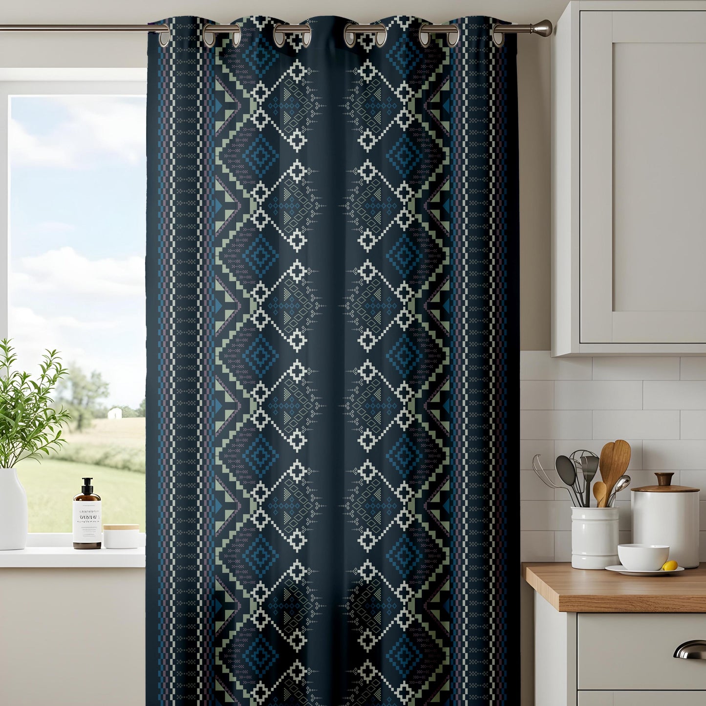 Onay Navy Blue Aztec Tribal Curtains – Southwestern Geometric Boho Drapes