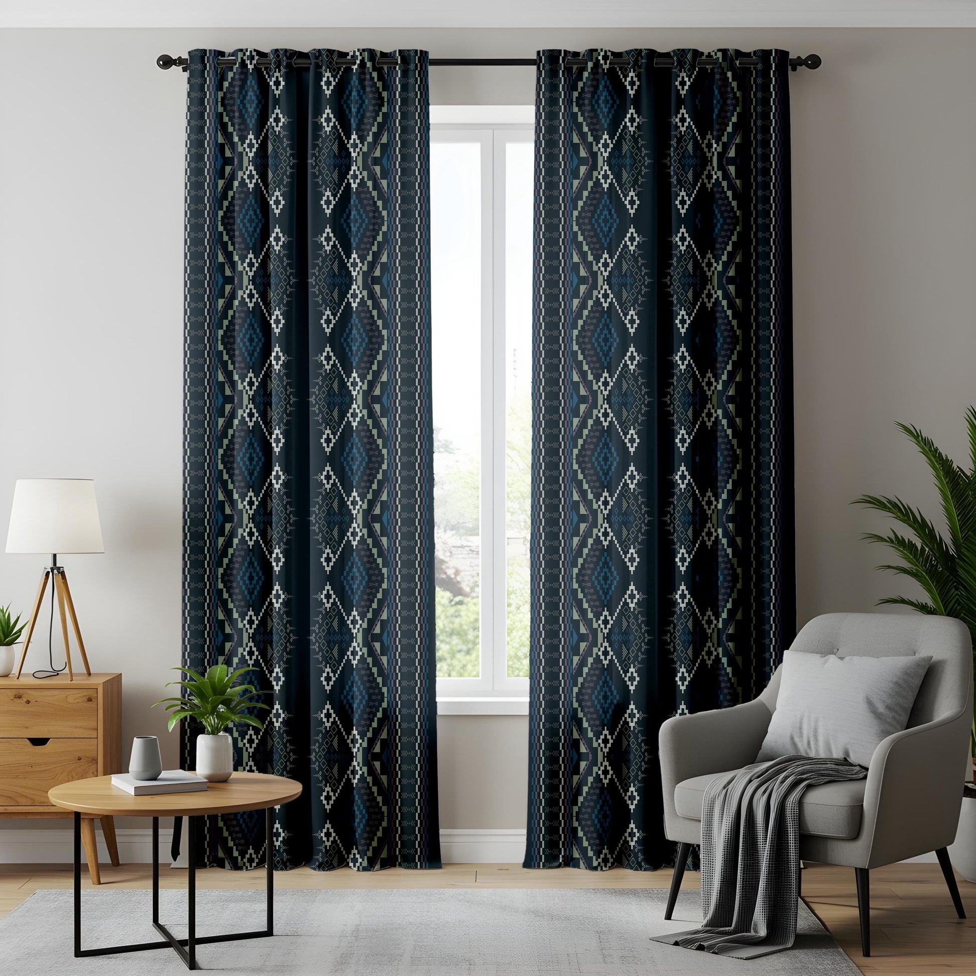 Onay Navy Blue Aztec Tribal Curtains – Southwestern Geometric Boho Drapes