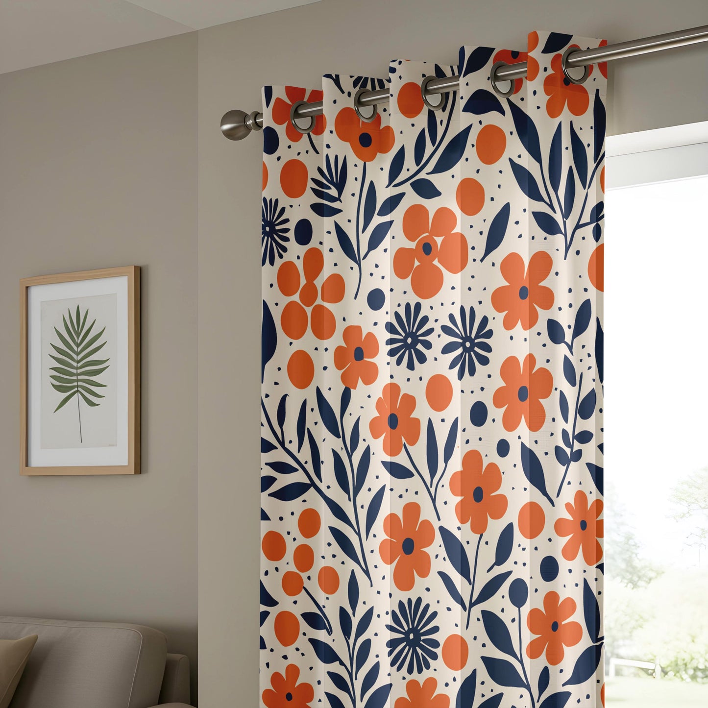 Onay Orange Navy Blue Floral Curtains – Modern Scandi Wildflower Drapes