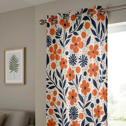 Onay Orange Navy Blue Floral Curtains – Modern Scandi Wildflower Drapes