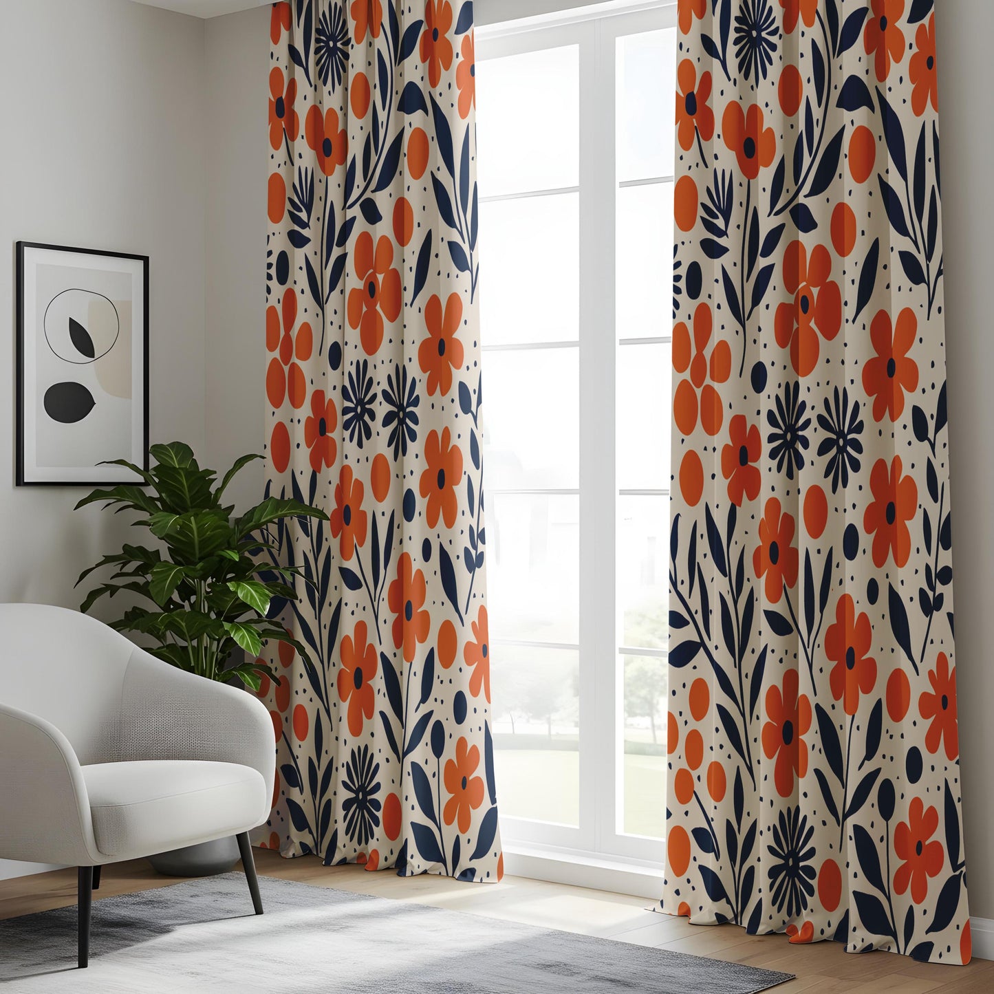 Onay Orange Navy Blue Floral Curtains – Modern Scandi Wildflower Drapes