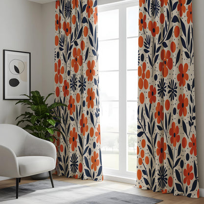 Onay Orange Navy Blue Floral Curtains – Modern Scandi Wildflower Drapes