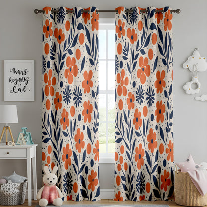 Onay Orange Navy Blue Floral Curtains – Modern Scandi Wildflower Drapes
