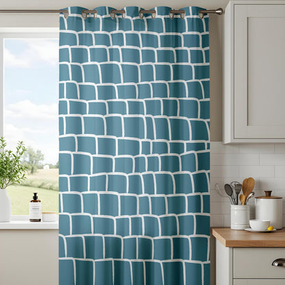 Onay Teal Blue Geometric Brick Curtains – Modern Abstract Mosaic Drapes