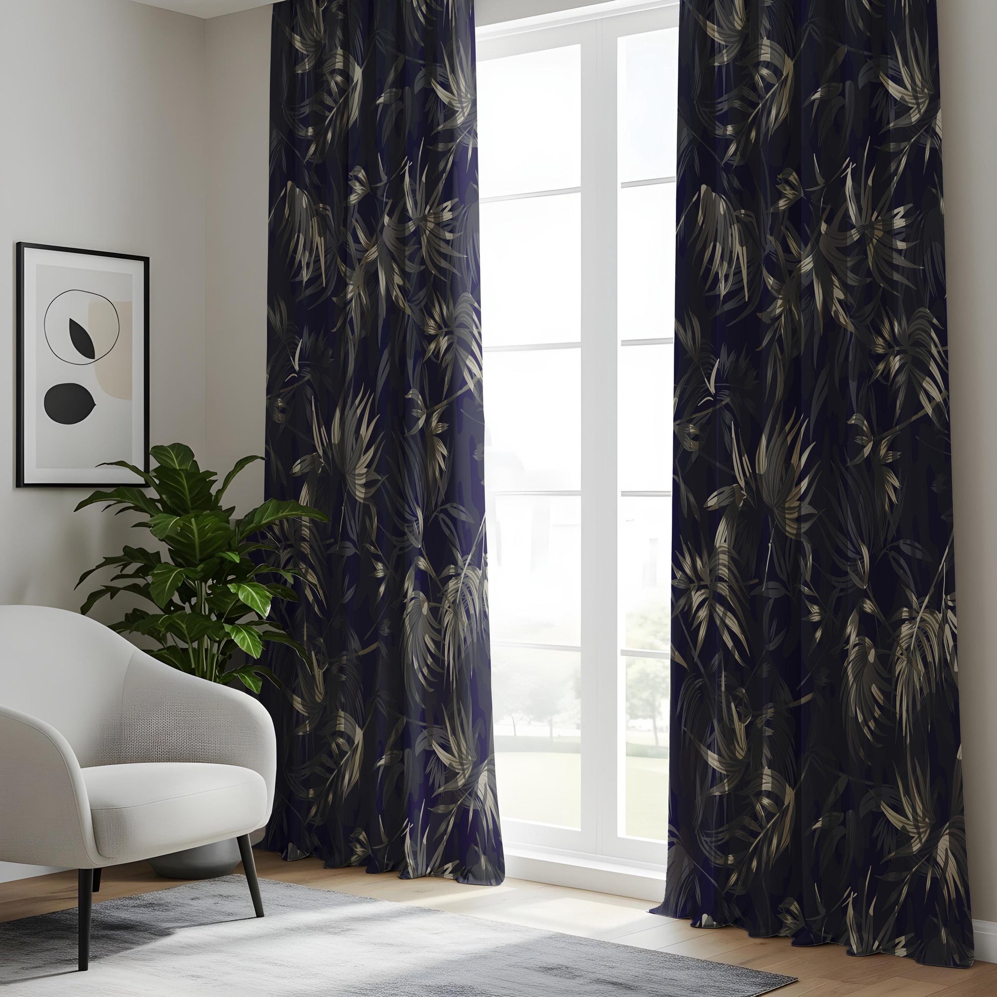 Onay Navy Blue Gold Palm Leaf Curtains – Metallic Botanical Tropical Drapes