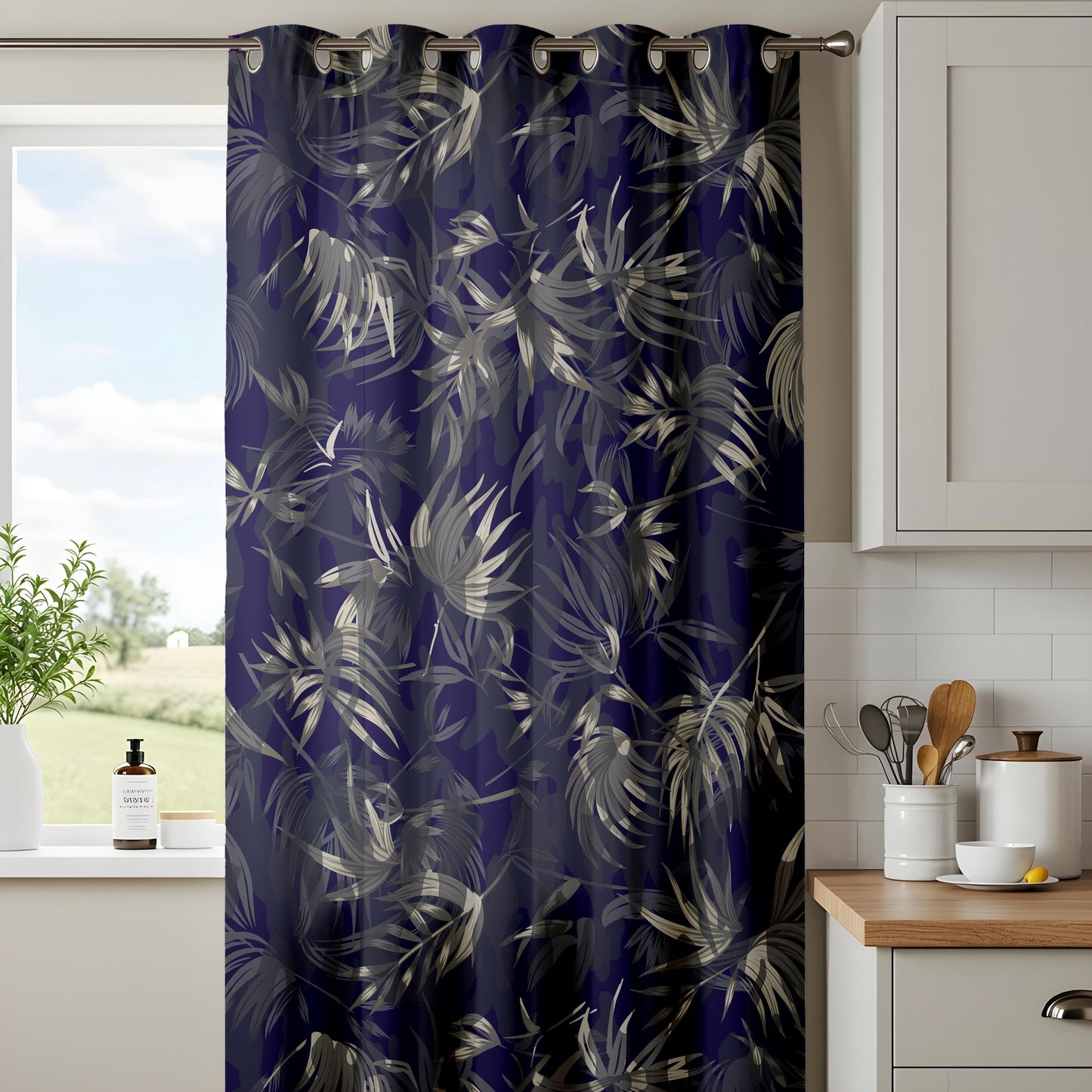 Onay Navy Blue Gold Palm Leaf Curtains – Metallic Botanical Tropical Drapes