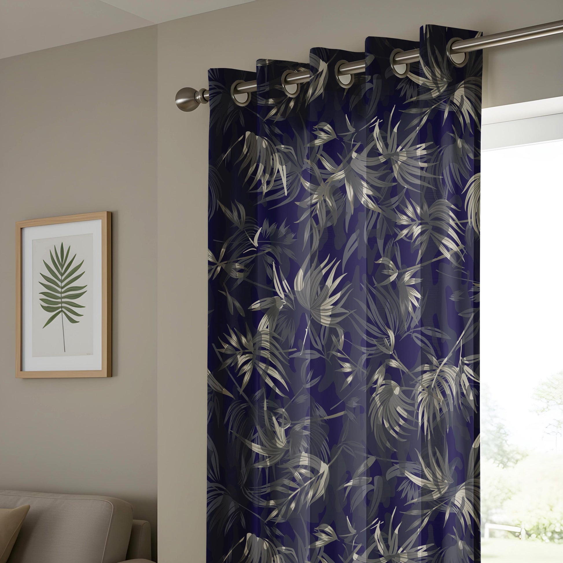 Onay Navy Blue Gold Palm Leaf Curtains – Metallic Botanical Tropical Drapes