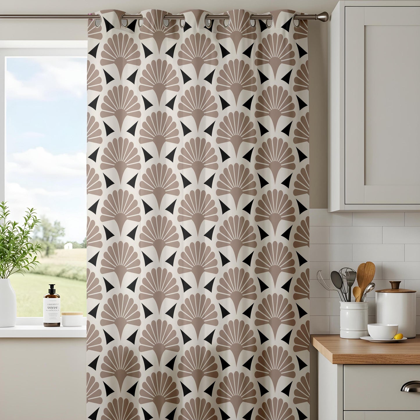 Onay Taupe Art Deco Fan Curtains – Geometric Scallop Pattern Drapes