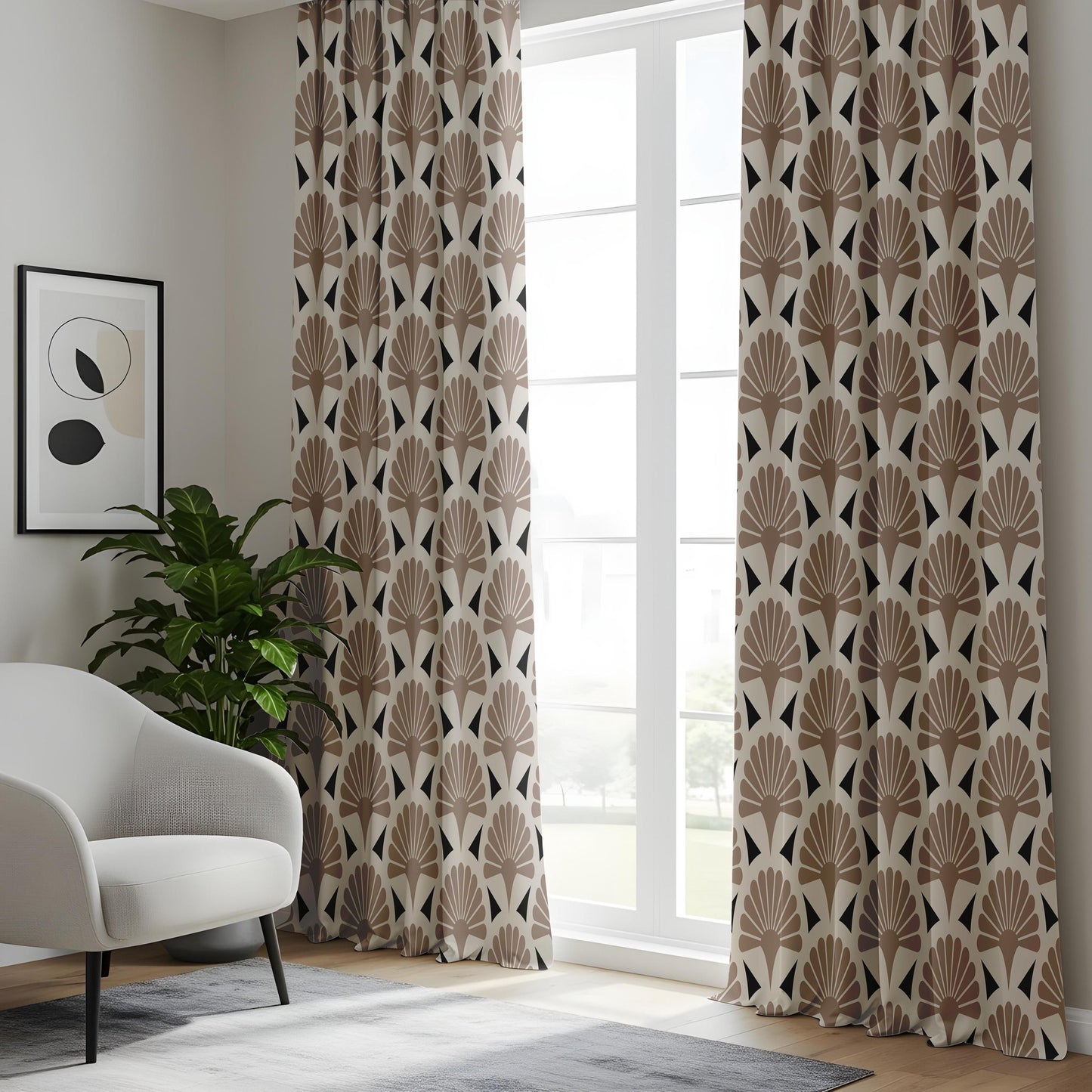 Onay Taupe Art Deco Fan Curtains – Geometric Scallop Pattern Drapes