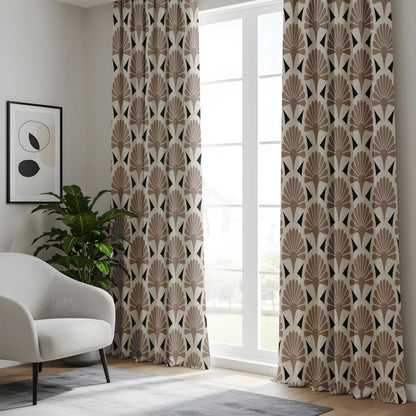 Onay Taupe Art Deco Fan Curtains – Geometric Scallop Pattern Drapes