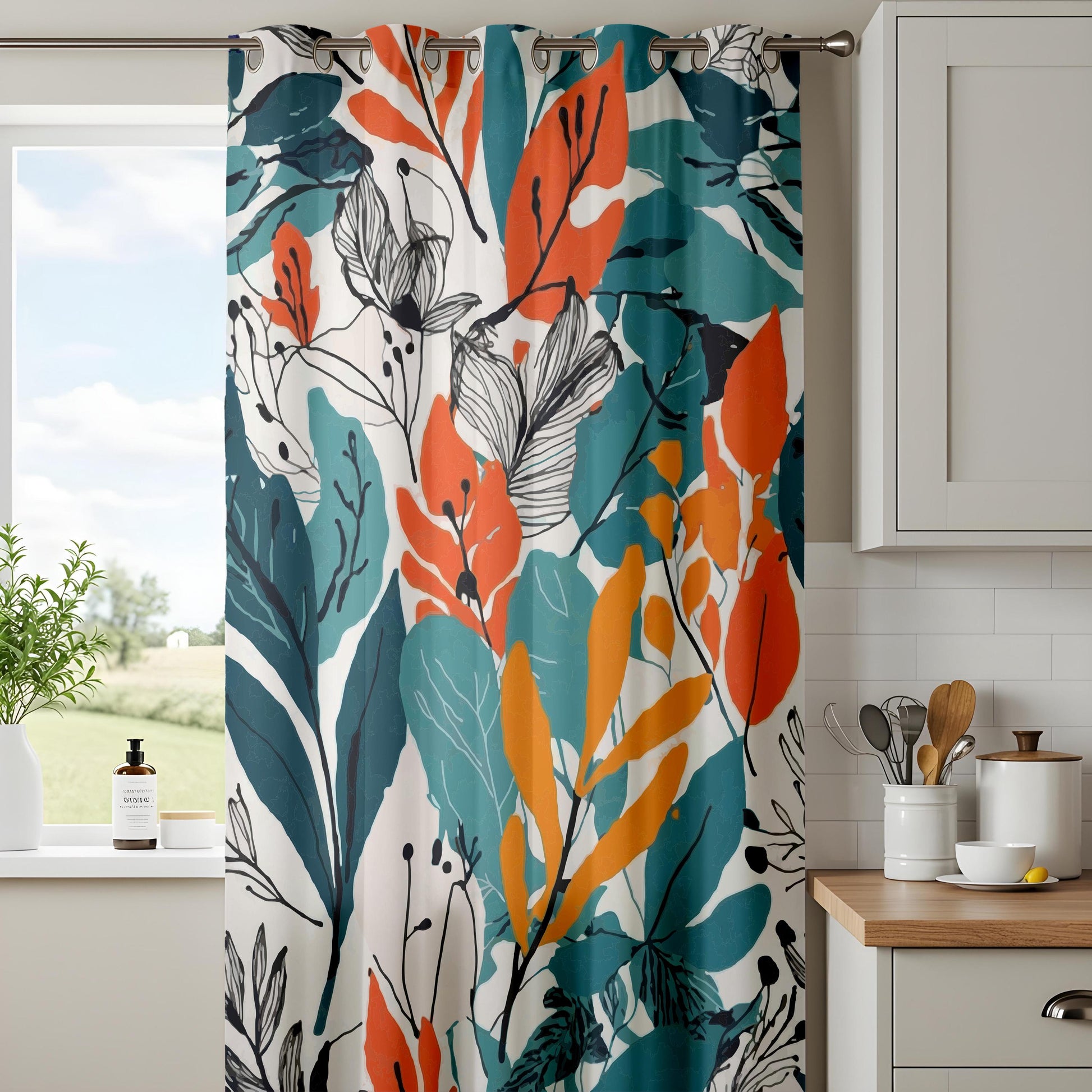 Onay Orange Teal Abstract Leaf Curtains – Modern Tropical Boho Drapes