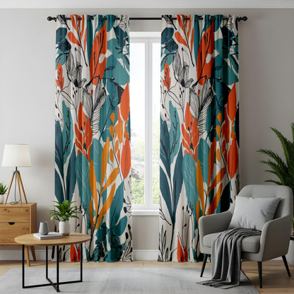 Onay Orange Teal Abstract Leaf Curtains – Modern Tropical Boho Drapes