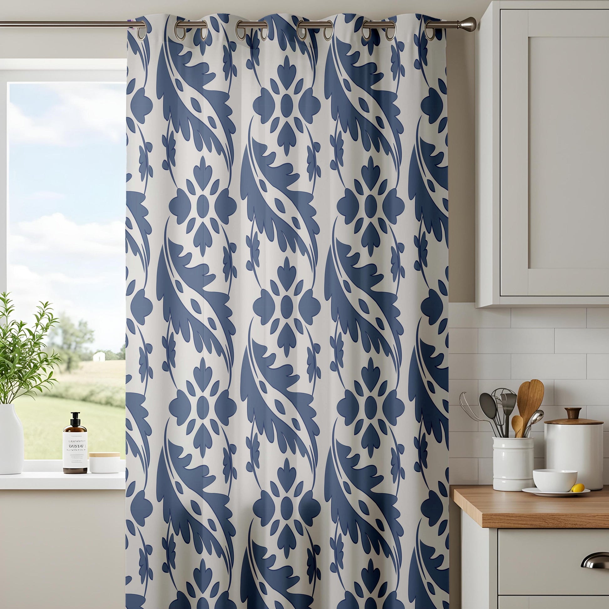 Onay Blue White Ikat Leaf Curtains – Coastal Hamptons Floral Drapes