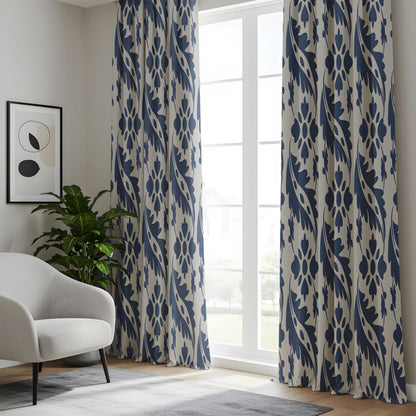 Onay Blue White Ikat Leaf Curtains – Coastal Hamptons Floral Drapes