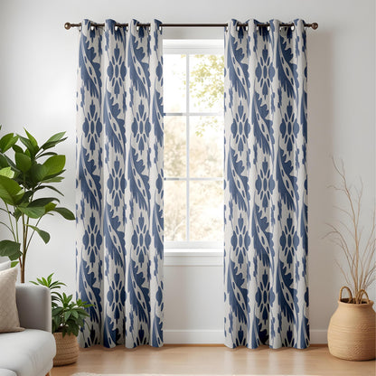 Onay Blue White Ikat Leaf Curtains – Coastal Hamptons Floral Drapes