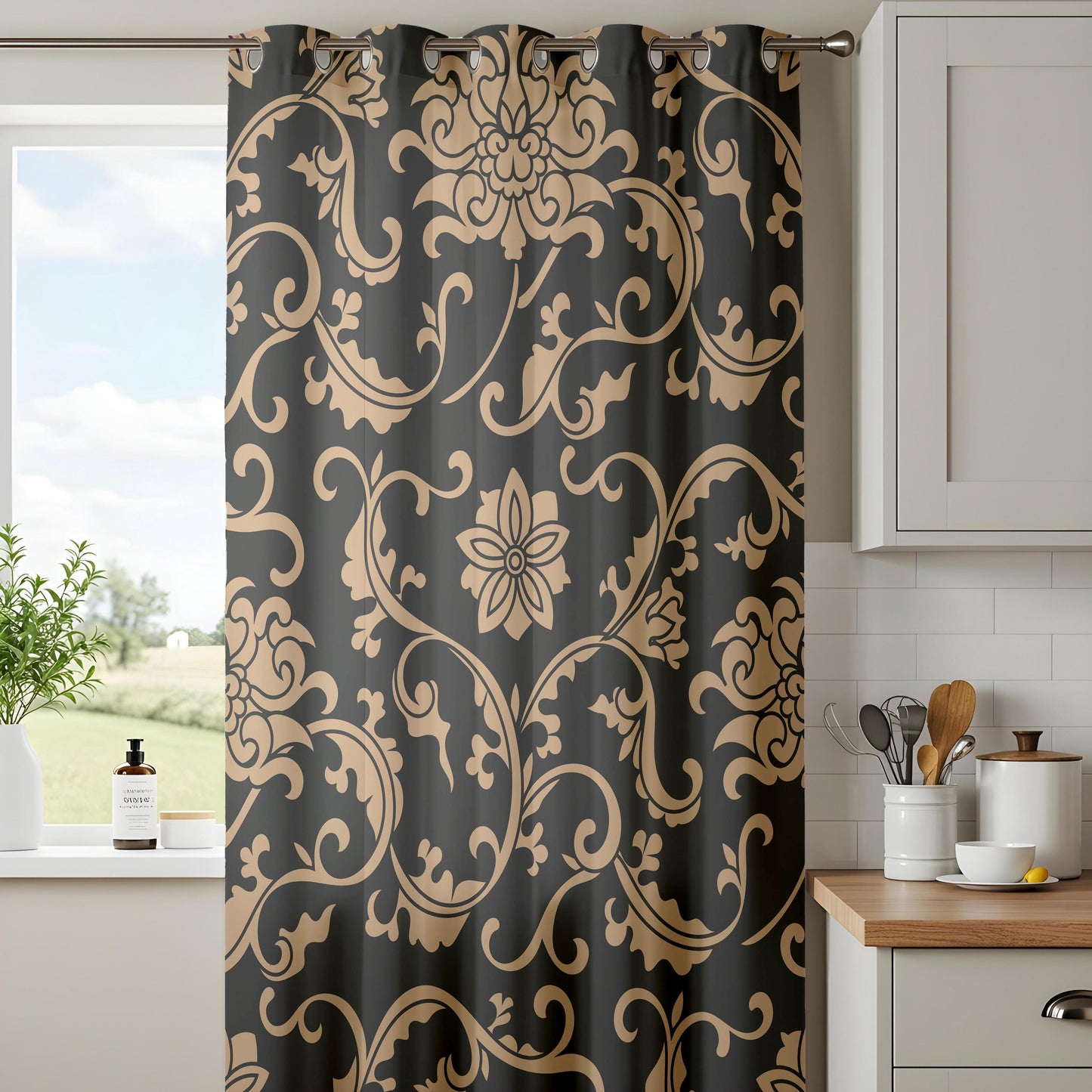 Onay Black/Gray Gold Floral Damask Curtains – Luxury Baroque Scroll Drapes
