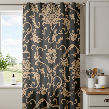 Onay Black/Gray Gold Floral Damask Curtains – Luxury Baroque Scroll Drapes