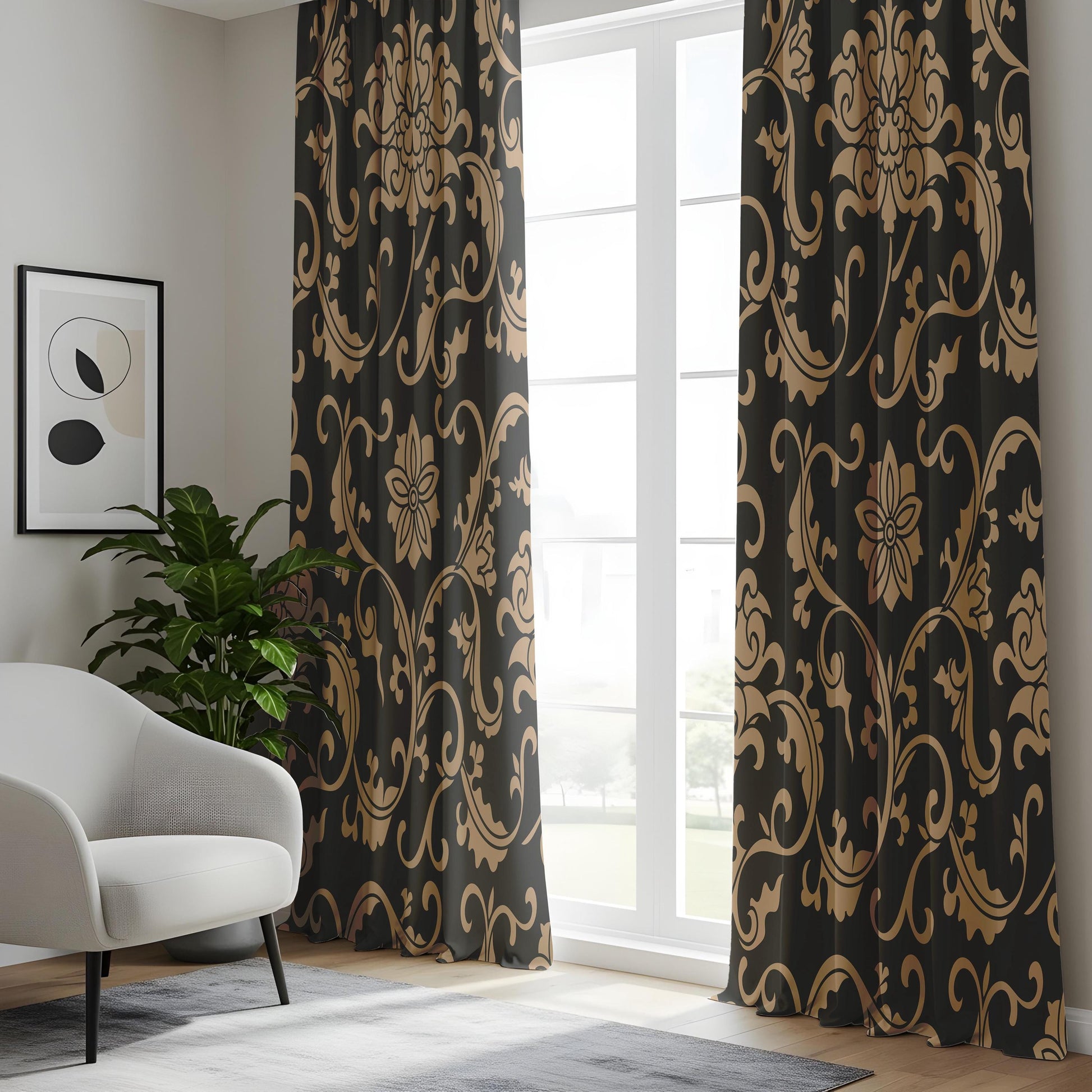 Onay Black/Gray Gold Floral Damask Curtains – Luxury Baroque Scroll Drapes