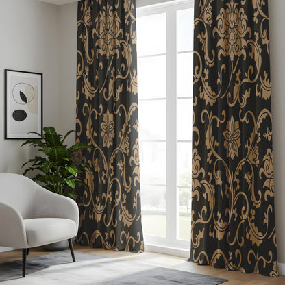 Onay Black/Gray Gold Floral Damask Curtains – Luxury Baroque Scroll Drapes