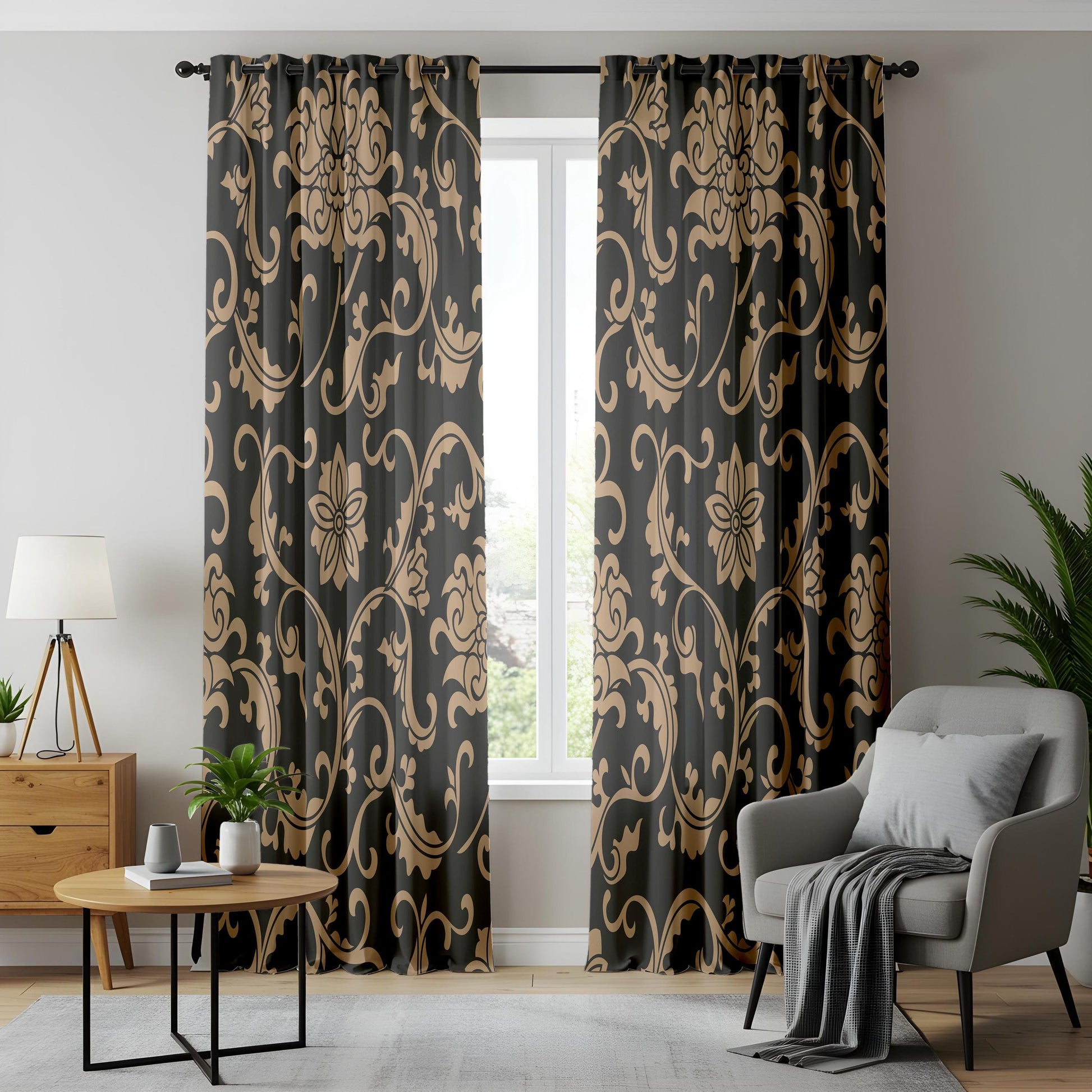 Onay Black/Gray Gold Floral Damask Curtains – Luxury Baroque Scroll Drapes
